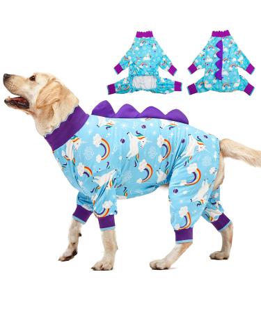 LovinPet Large Dog Pajamas - Anti Licking Dog Recovery Clothes, Kightweight Onesie, Starlight Rainbow/Wild Horse Prints Dog Clothing, UV Protection, Adorable pet PJ's/Large Large Blue