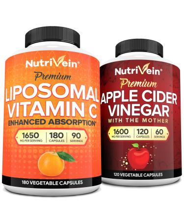 Nutrivein Premium Apple Cider Vinegar Capsules & Liposomal Vitamin C Supplement Bundle: High-Absorption Vitamin C Capsules & Apple Cider Vinegar Supplements Bundle for Immune Defenses & Gut Health