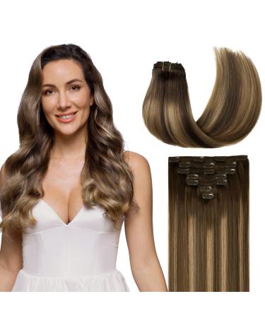 GOO GOO Clip-in Hair Extensions for Women, Soft & Natural, Handmade Real Human Hair Extensions, Chocolate Brown to Caramel Blonde, Long, Straight #(4/27)/4, 7pcs 120g 18 inches 18 Inch (Pack of 1) #(4/27)/4 Chocolate Brown