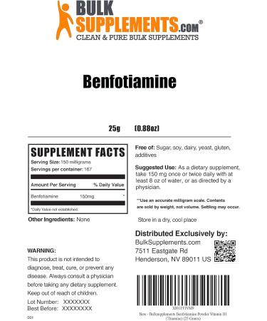 Benfotiamine Powder 150mg - Nerve & Thiamine B1 Support Supplement (25g) - BulkSupplements - Buy Online on GoSupps.com