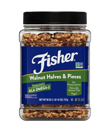 Fisher Walnut Halves and Pieces, 26 Ounces, California Grown Walnuts, Stackable Jar, Unsalted, Naturally Gluten Free, No Preservatives, Non-GMO Halves & Pieces 26 Ounces