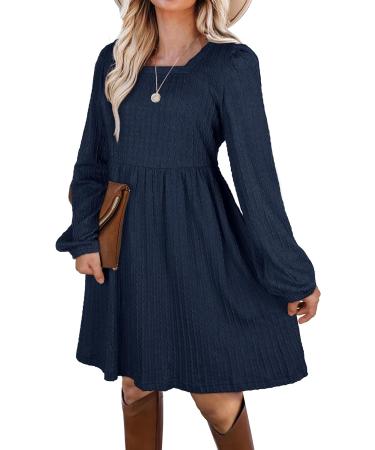 Aokosor Long Sleeve Square Neck Babydoll Dress in S Blue | Knee Length Knit Jumper Dress - Buy Online on GoSupps.com