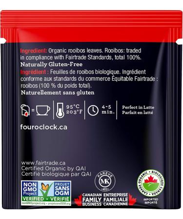 Four O'Clock Rooibos Tea Organic Fairtrade Non-Gmo Kosher Gluten-Free 80 Teabags - Buy Online on GoSupps.com