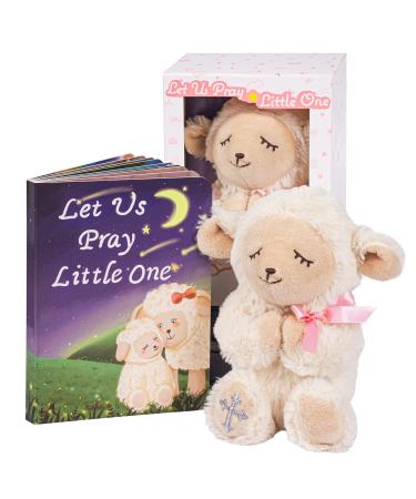 MyMateZoe Baptism Gifts for Girl, Great Christening, Dedication and Baptism Gift Set for Girl and Newborn Baby, Includes 7" Praying Lamb Plush Toy and Let Us Pray Baby Book in Keepsake Gift Box Pink