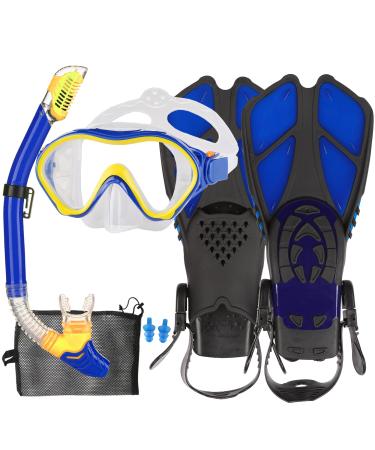Kids Snorkeling Set with Fins Anti Leak Snorkeling Gear for Kids with Adjustable Flippers, Youth Junior Full Dry Snorkel Set Swimming Goggles with Nose Cover Diving Mask Scuba Navy blue-Lemon yellow