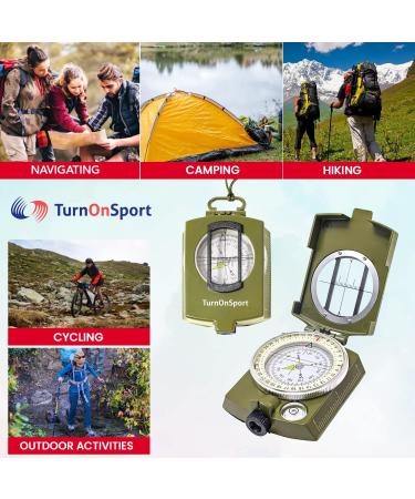 Lensatic Military Compass for Hiking - Tritium Compass Military Grade Style Camping Backpacking | Tactical Army Compass Survival Navigation | TurnOnSport Waterproof Sighting Compass with Pouch Green - Buy Online on GoSupps.com