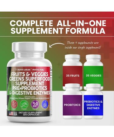 Reds & Greens Superfood Supplement - 120 Ct Capsules with 70+ Fruit & Vegetable Extracts, Probiotics, Prebiotics, Digestive Enzymes, Spirulina - Made in USA - Buy Online on GoSupps.com