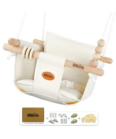 BBkids Indoor Baby Swing, Canvas Baby Swing, Wooden Hammock Hanging Swing Seat Chair with Safety Belt, Outdoor Kids Toddler Baby Tree Swing, Full Set of Ceiling Screws. (Cream)
