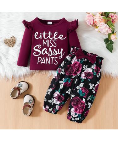 Puseky Toddler Baby Girls Cute Letter Print Shirt & Floral Pant Outfit Set 4-5 Years Wine Red - Buy Online on GoSupps.com