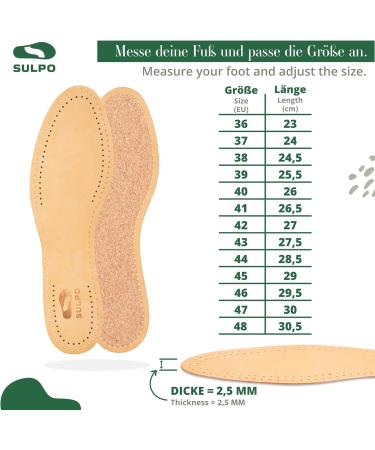 Sulpo 3 Pairs Vegetable Tanned Leather Insoles - Natural Cork Inserts for Sweating Feet - Unisex Anti-Odor Absorber Soles - Size 39 - Buy Online on GoSupps.com