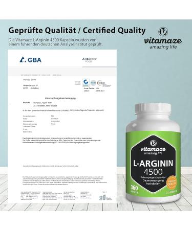 High Strength L-Arginine 4500mg - 360 Capsules - Sport Performance Booster - Pure German Quality - Vitamaze - Buy Online on GoSupps.com
