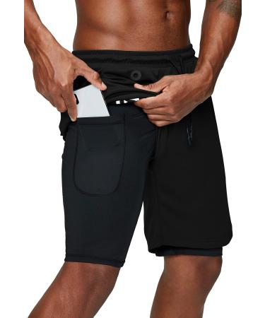 Pinkbomb Men's 2 in 1 Running Shorts Gym Workout Quick Dry Mens Shorts with Phone Pocket Black Large