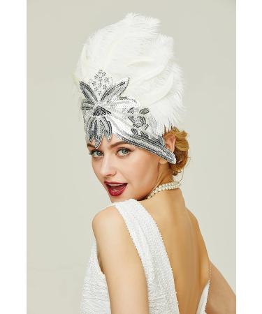 BABEYOND Carnival Feather Headpiece - White 1920s Flapper Showgirl Headband - Buy Online on GoSupps.com
