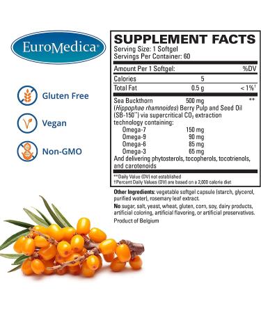 EuroMedica ProHydra-7 Softgels - Clinically-Studied Sea Buckthorn Oil Formula - Omega-7 Supplement - Improve Skin Hydration & Soothe Digestion - 60 Servings - Buy Online on GoSupps.com