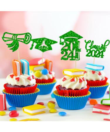 24Pcs 2024 Graduation Cupcake Toppers Glitter Congrats Grad 2024 Diploma Cap Cupcake Picks Class of 2024 Graduation Cake Decorations for 2024 Graduation Party Cake Decorations Green Style 4 Green - Buy Online on GoSupps.com