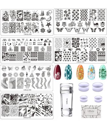 JEEWHEET 6 Nail Art Stamping Plates with Stamper and Scraper - Flowers Geometric Patterns Nail Template for Nail Salon Designs - Nail Image Stamp Plates Manicure Templates Nail Art Tools new