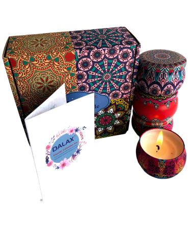 Dalax-Large Size Scented Candles Gift Set Natural Soy Wax 5.2 Oz Gifts Sets for Women- Aromatherapy Candles Stress Relief Portable Travel Tin Candles Strongly Fragrance with 8% Essential Oils