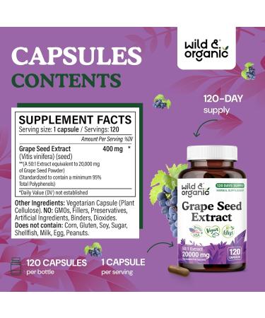 Wild & Organic Grape Seed Extract Capsules - 20 000 mg Strength Grapeseed Extract Equivalent - 95% Polyphenols - 400 mg per Serving - 120 Vegan Capsules - 4 Month Supply - Non-GMO 120 Count (Pack of 1) - Buy Online on GoSupps.com