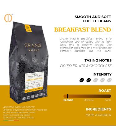 Grano Milano Breakfast Blend 100% Arabica Blonde Roast Coffee Beans 1kg - Intensity 2/5 | Made in Italy - Buy Online on GoSupps.com