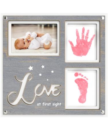 1Dino Premium Baby Handprint and Footprint Kit - 12.6 x 12.2" White/Grey Wood Picture Frame - Includes 2X Clean Touch Ink Pad Pink for Baby Hand and Footprints - Registry for Baby, Baby Shower Gifts