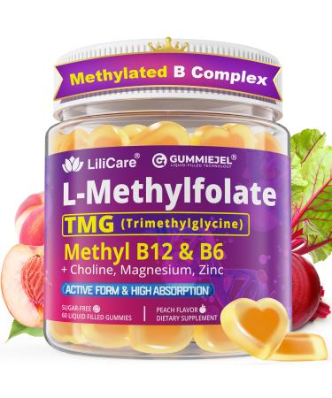 L-MethylFolate 15mg 7.5mg & B12 1000 mcg Gummies, Methylated B Complex + TMG, Magnesium, Choline - Active 5-MTHF(B9) + Methyl B12, B6, Multivitamin - Support Methylation, Cognition, Mood, Sugar Free 60 Count (Pack of 1)