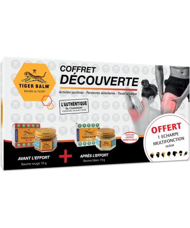 Tiger Balm - Coffret D couverte - Baumes effet chauffant et effet froid - Pour sportifs ou au quotidien en massage - 1 baume Rouge 19 g 1 baume Blanc 19 g 1 charpe multifonctions offerte - Buy Online on GoSupps.com