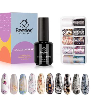 Beetles Nail Art Foil Glue Gel with Stickers Set Nail Transfer Glues 15ML Manicure Art DIY Nail 10PCS Animals Flowers butterfly Stickers, Nail Dryer Curing Lamp Required Soak Off