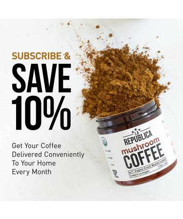 La Republica Organic Mushroom Coffee (30 Servings) with 7 Superfood Mushrooms - Arabica Instant Coffee with Lion's Mane, Reishi, Chaga, and More - Buy Online on GoSupps.com