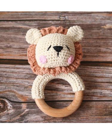 Yieur Crocheted Baby Bass - Gray Pink Lion Crochet Wooden Gripping Ring | 12cm Handmade Baby Gift | Safe Wooden Toys for Girls & Boys - Buy Online on GoSupps.com
