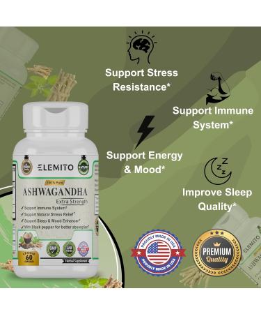 ELEMITO Ashwagandha Extra Strength Supports Mood Energy Vitality & Strength Pure Organic Non-GMO Vegan Gluten-Free - 60 Capsules - Buy Online on GoSupps.com