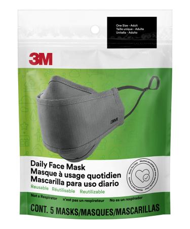 3M Daily Face Mask Reusable Washable Adjustable Ear Loops Lightweight Cotton Fabric 5 Pack Gray