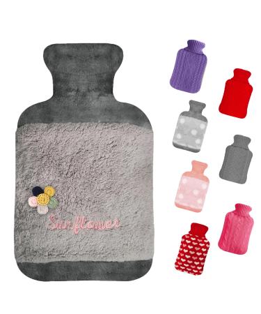 2L Hot Water Bottle with Cover Large Capacity Hot Water Bag for Period Pain Neck and Shoulders Back Warm Feet Premium Natural Rubber Hot Water Bottles Grey A
