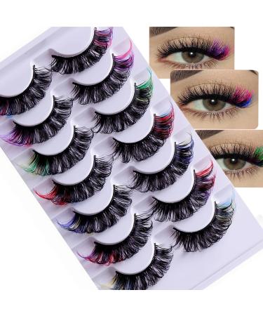 VNIHTT Colored Eyelashes Fluffy Eye Lashes with Color Colorful Russian Strip Lashes D Curl Lash Strips Look Like Colored Lash Extensions 5D Reusable Faux Mink eyelashes False Lashes Pack 7 Pairs 7 colors(D Curl)