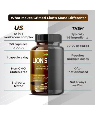 GriMed Lion's Mane Mushroom 13 600mg with Beta-(1 3)(1 6)-glucans Cordyceps Reishi Mushroom- Organic Brain Boosting Supplement for Clarity Focus & Energy (150 Count (Pack of 1)) - Buy Online on GoSupps.com