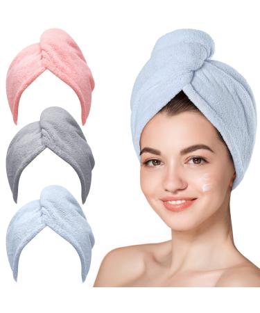 Hicober Microfiber Hair Towel, 3 Packs Hair Turbans for Wet Hair, Drying Hair Wrap Towels for Curly Hair Women Anti Frizz Blue,grey,pink