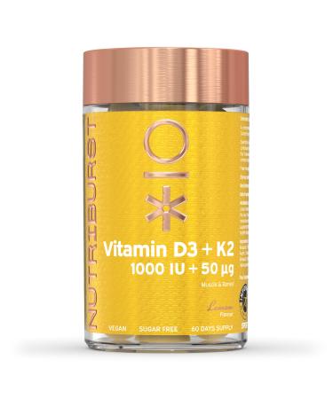 Nutriburst Vitamin D3 (2000IU) + K2 (100 g) - Essential Nutrients to Support Bone Health Skeletal Function & Immune Function - Vegan Sugar Free Supplement - 60 Lemon Gummies - 1 Month Supply Vitamin D3 + K2 60 count (Pack of 1)