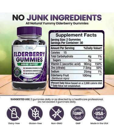 Elderberry Gummies with Zinc & Vitamin C | Immune Support for Adults & Kids | 100mg Sambucus Black Elderberry Gummy | Vegan & Non-GMO | 60 Count - Buy Online on GoSupps.com