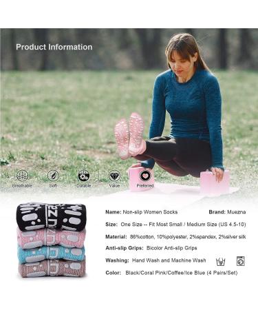 Muezna Non Slip Yoga Socks 4 Pack - Women's Anti-Skid Pilates Barre Hospital Socks - Size 5-10 - Black/Coral Pink/Coffee/Ice Blue - Buy Online on GoSupps.com