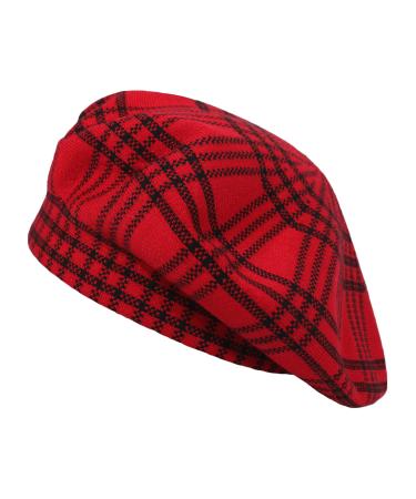 ZLYC Womens French Beret Hat Reversible Knitted Thickened Warm Cap for Ladies Girls Checkered Red