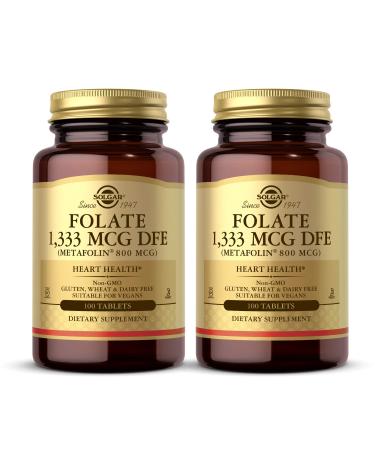 Solgar Folate 1 333 mcg DFE - 100 Tablets Pack of 2 - 800 mcg Bio-Active Metafolin - Heart Health - Non-GMO Vegan Gluten Free Dairy Free Kosher - 200 Total Servings