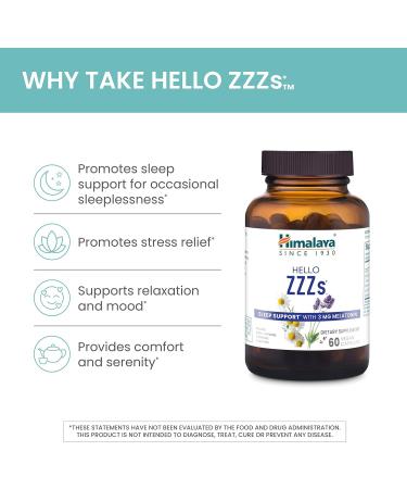Himalaya Hello ZZZs 60 Day Supply - Herbal Sleep Supplement with Melatonin GABA L-Theanine Lavender Chamomile and Lemon Balm - Vegan Non-GMO Gluten Free 60 Capsules - Buy Online on GoSupps.com