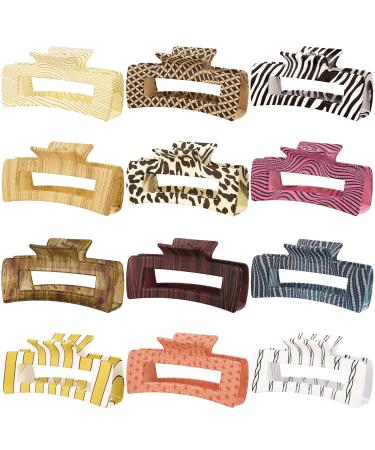 12 Pack Geometric Print Large Rectangle Hair Claw Clips for Thin and Thick Hair 4.1 Inch Leopard Print Big Rectangular Claw Clips 12 Pattern Non-Slip Strong Hold Jaw Clips for Women Girls