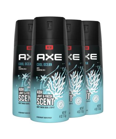 AXE Dual Action Body Spray Deodorant for Long Lasting Odor Protection Cool Ocean All Day Fresh Scent Mens Deodorant Formulated Without Aluminum 4 oz 4 count Aquatic 4 Ounce (Pack of 4) - Buy Online on GoSupps.com