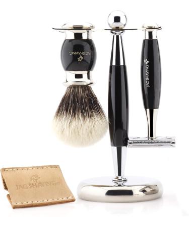 Jag Shaving Luxury Razor Set for Men | Double-Sided Razor Black Silver Tip Brush Leather Bag Stand & Bowl - International Shipping Available - Buy Online on GoSupps.com