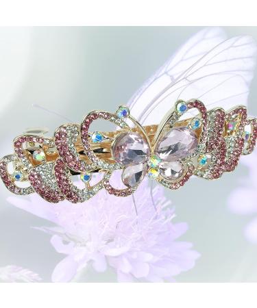 Jeweled Butterfly Hair Clips - Set of 2 Rhinestone Barrettes - Pink and Clear Crystals - Gold Tone - 3.5W x 1.25H - Buy Online on GoSupps.com