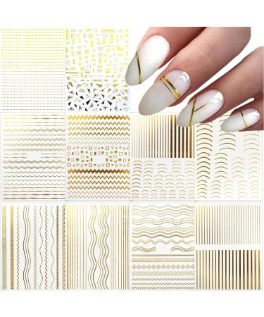 10 Sheets Gold Lines Nail Art Stickers Decal 3D Self Adhesive Metal Curve Stripe Line Nail Decals Nail Art Supplies French Tips Strip Wave Design Manicure Decorations for Women Girls Acrylic Nails Accessories