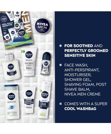 NIVEA MEN Feel Fully Sensitive Skincare Gift Set (8 Products) Includes Shower Gel Anti-Perspirant Face Wash Shaving Foam Post Shave Balm Moisturisers and Wash Bag - Buy Online on GoSupps.com