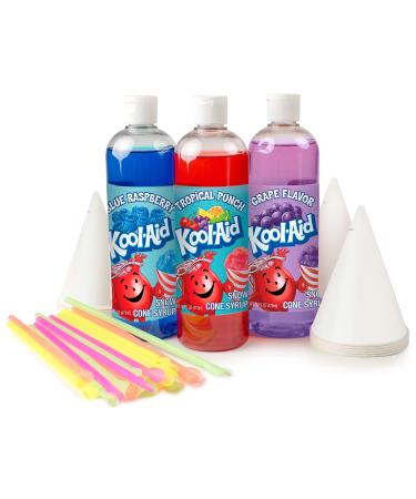 Kool-Aid Snow Cone Syrup Party Kit, Kool-Aid Shaved Ice, Comes With Straws, Cups, Spoons, Flavors Of Tropical Punch, Grape, Blue Raspberry, Fun For Kids, Celebrations, Gifting, Multicolor