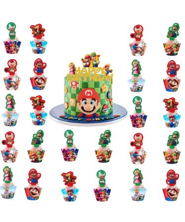 Super Bros Cake Toppers Cupcake Toppers 25PCS Super Bros Themed Birthday Decorations Happy Birthday Party Supplies Cake Decorations for Girls Kids