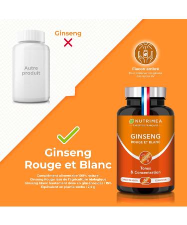 Red and White Ginseng - 100% Natural - Extraction Ratio 10:1 - Dosed at 15% Ginsenosides - Reduce Fatigue - Helps Concentrate - 60 Capsules - Nutrimea - Buy Online on GoSupps.com